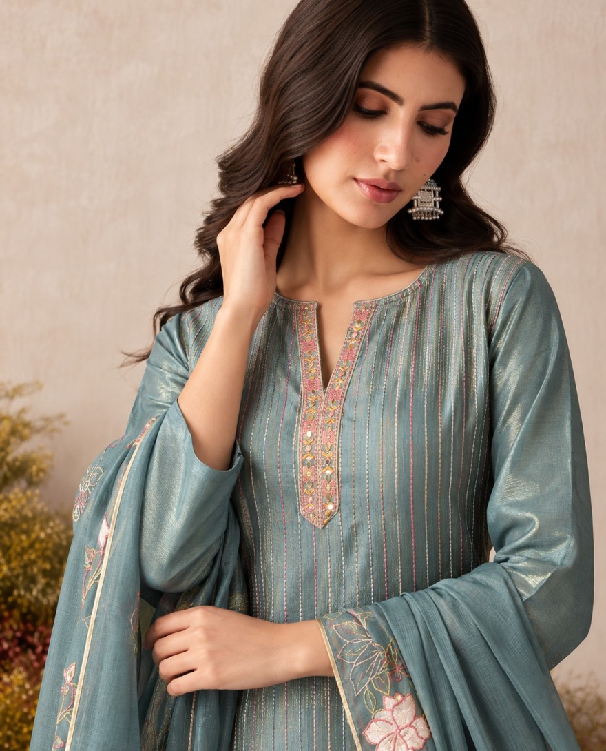 7116 - Aqua Blue Shimmer Embroidered Work Pant Style Suit
